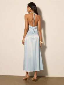 COSMINA Women's Elegant Deep V Metal Buckle Ruched Sleeveless Dress, Versatile For Beach, Date, And Casual Occasions, Early Spring - Baby Blue - View 2