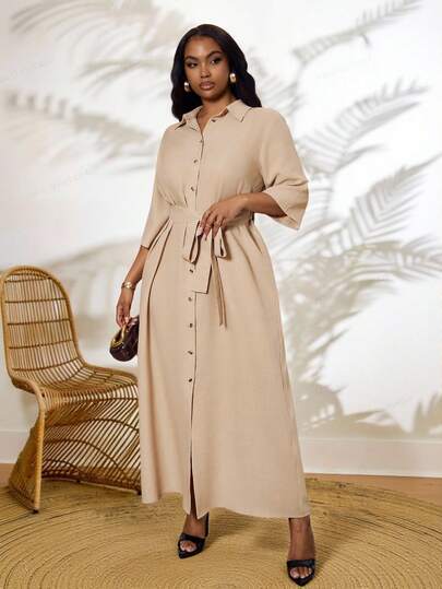 Veslaya 2026春夏大码女装音乐节、复活节、西部风情、游牧风、生日派对、毕业典礼、大学、学生、休闲、度假、邮轮、海滩、日光浴、潮流、街头风、婚礼宾客、通勤、早午餐、机场、派对、活动、优雅宴会、舞会、休闲、精致、婚礼季卡其色束腰短袖衬衫裙