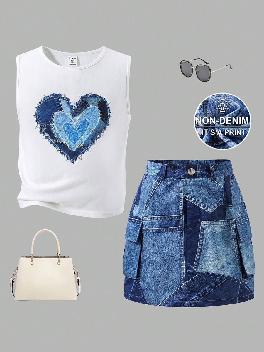 SHEIN Tween Girl Heart Pattern Knit Casual Vest And Mini Skirt 2 Pieces Set - White - View 1