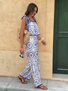 Serisse 休闲简约地中海风蓝色几何复古印花撞色滚边优雅女士两件套：系带吊带上衣和宽松口袋裤，适合度假、春夏穿着。 - 彩色 - 查看 5