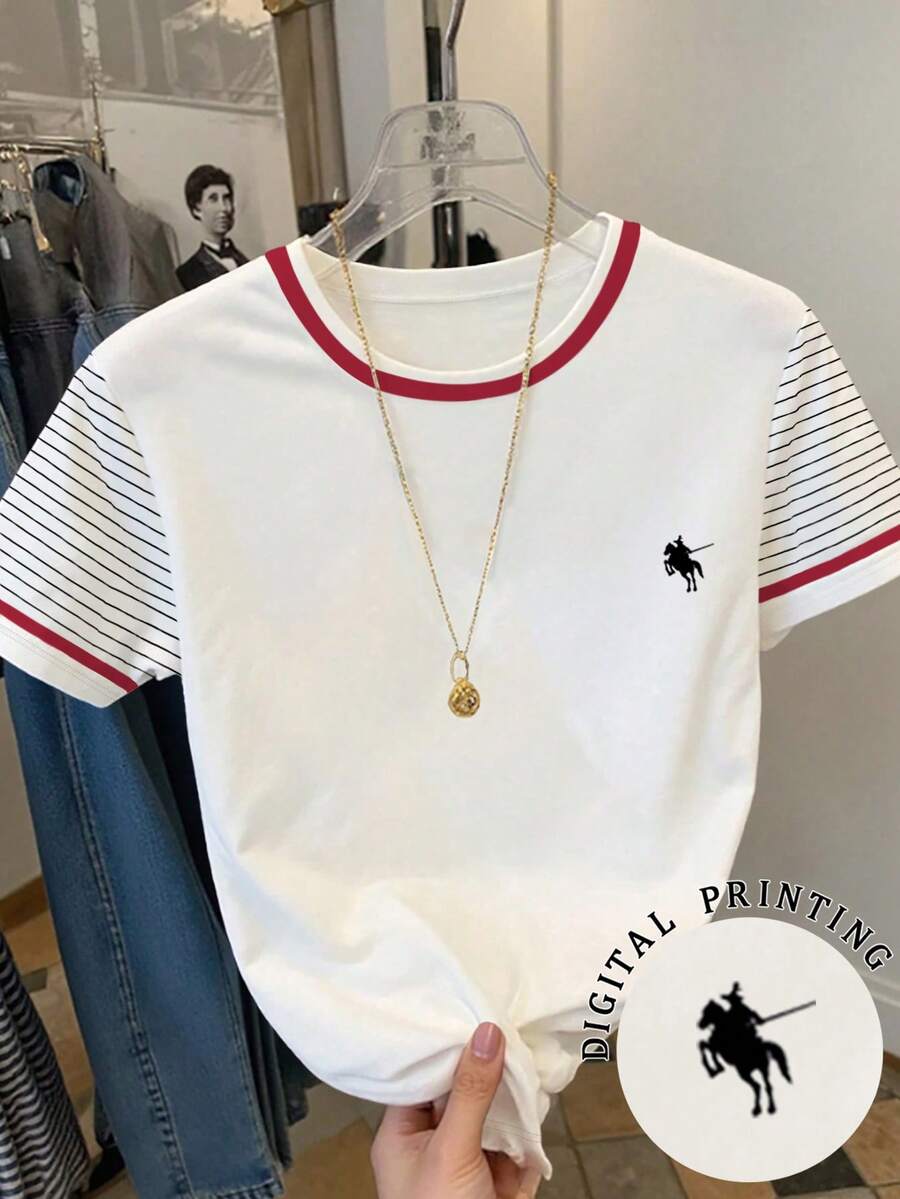 Resyla Camiseta de manga corta casual de mujer con rayas y parches, para verano - Blanco - Ver 1