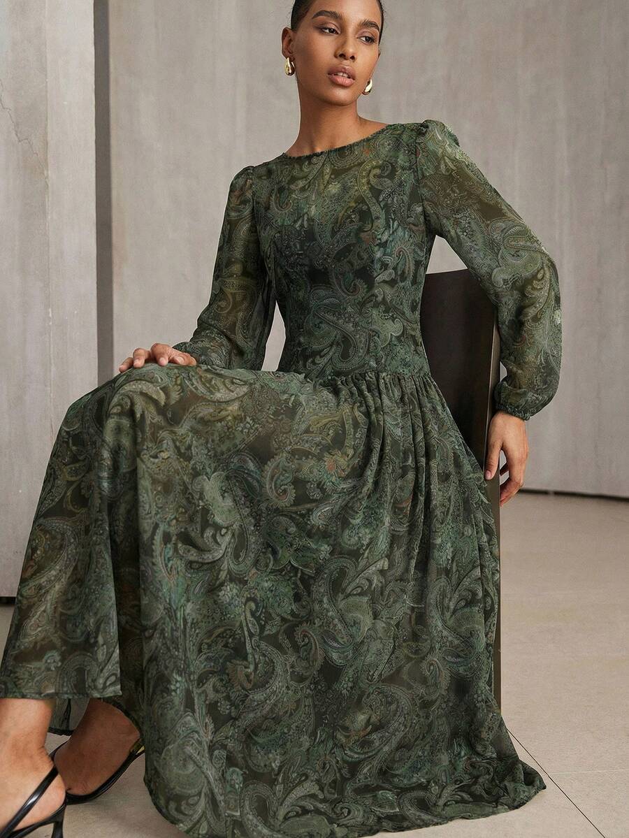 Aveloria Modichic Minimalist Chiffon Polka Dot Retro Lightweight Long Sleeve Dress (Random) - Green - View 1