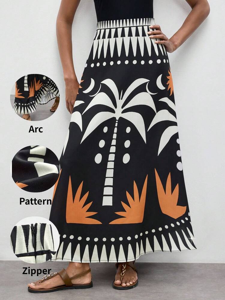 SHEIN Maija Skirts Women's Black Coconut Tree Vacation Style Print High Waist Casual Vacation Skirt For Spring/Summer Relaxing On The Beach Going Out Vacation Healing Commuting Style Comfy Soft Power Palm Tree Skirt Graphic Palm Tree Skirt Women Summer