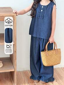 DAZY Young Girl Denim Frill Trim Round Neck Tank Top And Wide Leg Jeans Casual Set - Blue - View 1