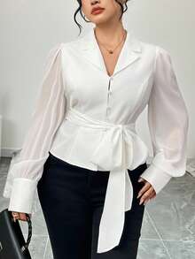 Modelyn Blusa de manga larga de unicolor elegante con cinturón para mujer de talla grande - Blanco - Ver 7