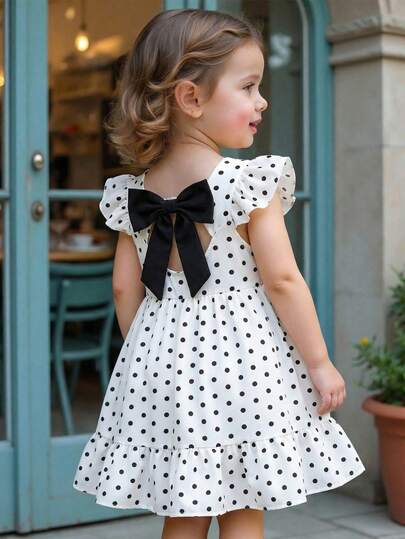 SHEIN 女童波点印花短袖公主裙，撞色蝴蝶露背设计，适合家庭聚会、婚礼和日常穿着。