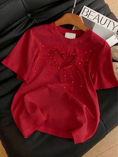 Camiseta de cuello redondo casual de manga corta con sello labial femenino es un gran regalo para amigos. Camiseta femenina de cuello redondo, estampado en forma de corazón, ocio y verano