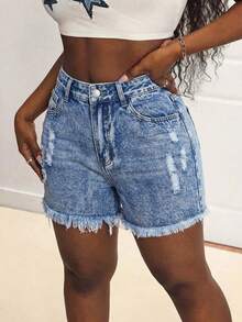 Slaydiva 女士高腰带口袋破洞毛边休闲百搭牛仔短裤 - 藍色 - 查看 1