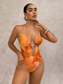 Swim Glamine 女士波西米亚性感芙蓉印花挂脖连体泳衣，2026新款女士泳装，适合海滩度假、上学、度假、约会、下午茶、西式、邮轮、海滩、海岛、公路旅行、四季皆宜、音乐节、波西米亚风度假、春夏休闲、西部波西米亚风、优雅女士泳衣，活泼假日彩色印花泳衣。女士Y2K泳衣，女士塑身连体泳衣。 - 橘色 - 查看 6