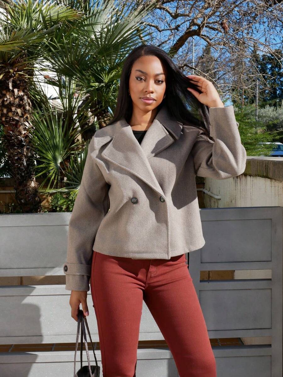 Yess Loren Women's Oversized Collar Decorated Button Long Sleeve Overcoat - Coffee Brown - View 1