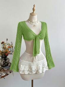 Elamini Women's Brown Hollow-Out Sexy Transparent Tie-Up Cardigan, Fashionable Beach Wear Top For Summer - Green - View 1