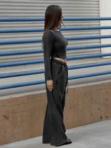 Kuleshova 女士日常穿着必备针织弹力舒适不对称领口长袖上衣和阔腿运动裤运动服两件套服装 - 黑色 - 查看 5