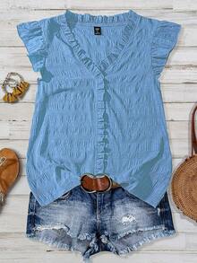 Linhara Plus Size Women's Solid Color Textured V-Neck Ruffle Trim Petal Sleeve Fitted Casual Regular Blouse - Baby Blue - View 4