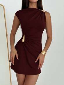 Aloruh Elegant Solid Color Metal Decor Dress, Casual & Party Wear,Summer Dresses For Women - Burgundy - View 6