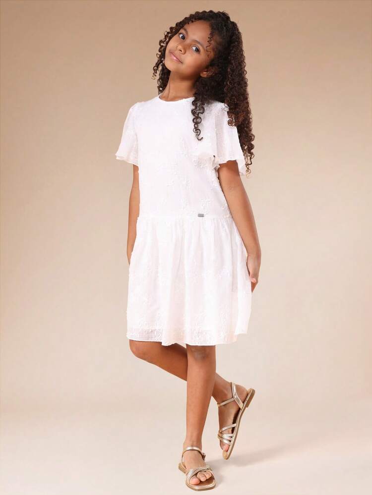 Girls Broderie Anglaise Flutter Sleeve Fit And Flare Dress With Ruffle Details Summer Midi Elegant White Eyelet Embroidered Feminine Party Occasion Wear