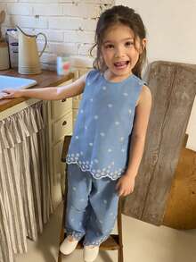 DAZY 女童（小号）圆领刺绣无袖衬衫和宽松裤子两件套度假套装 - 淺藍色 - 查看 3