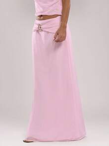 SHEIN BAE Women's Elegant Pink Chiffon A-Line Relaxed Skirt,Solid Color Casual Autumn Party Skirt For Beach Vacation,Cocktail Party,Brunch,Wedding & Concert - Pink - View 5