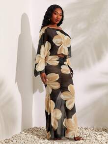 SHEIN SXY Plus Size Sexy Two-Piece Set Featuring A Black, Large Floral Print, High-Elastic Knit Mesh Off-Shoulder Long-Sleeved Top And A High-Waist, Extra-Long Fishtail Skirt.Spring/Summer Casual Vacation Bohemian Elegant Suitable For Everyday Wear, Music Festival, Concert, Carnival Party, Beach Vacation, Date Night, Birthday, Bachelorette Party, Club, Cute, Casual, Shopping, Street Wear, Going Out, Easy To Match & Looks Slim, Accent Your Body, Flatter The Figure - Multicolor - View 6