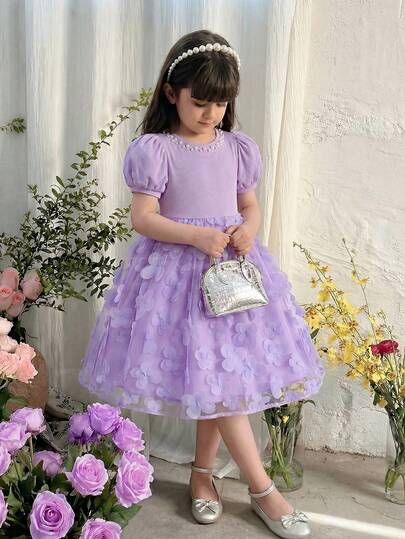 年轻女孩优雅圆领花瓣袖珍珠装饰3D花卉面料裙摆连衣裙