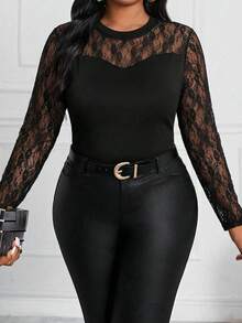 SHEIN Lady Spring/Summer Lace Black Knit Crew Neck Long Sleeve Color Block Mesh Plus Size T-Shirt - Plus Size Clothing Music Festival Fall - Black - View 3