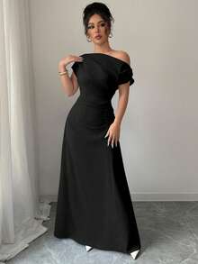 Elenzga Elegant Solid Color Asymmetrical Shoulder Ruched Waist Dress - Black - View 4