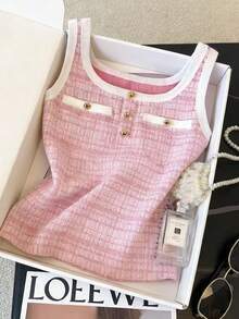 Resyla 女士休闲撞色滚边纽扣衬衫，日常百搭 - 粉色 - 查看 1