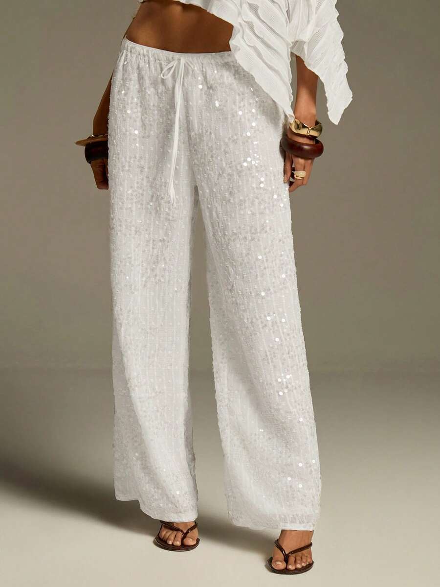 Athîral 女士时尚亮片低腰阔腿裤 - 白色 - 查看 1