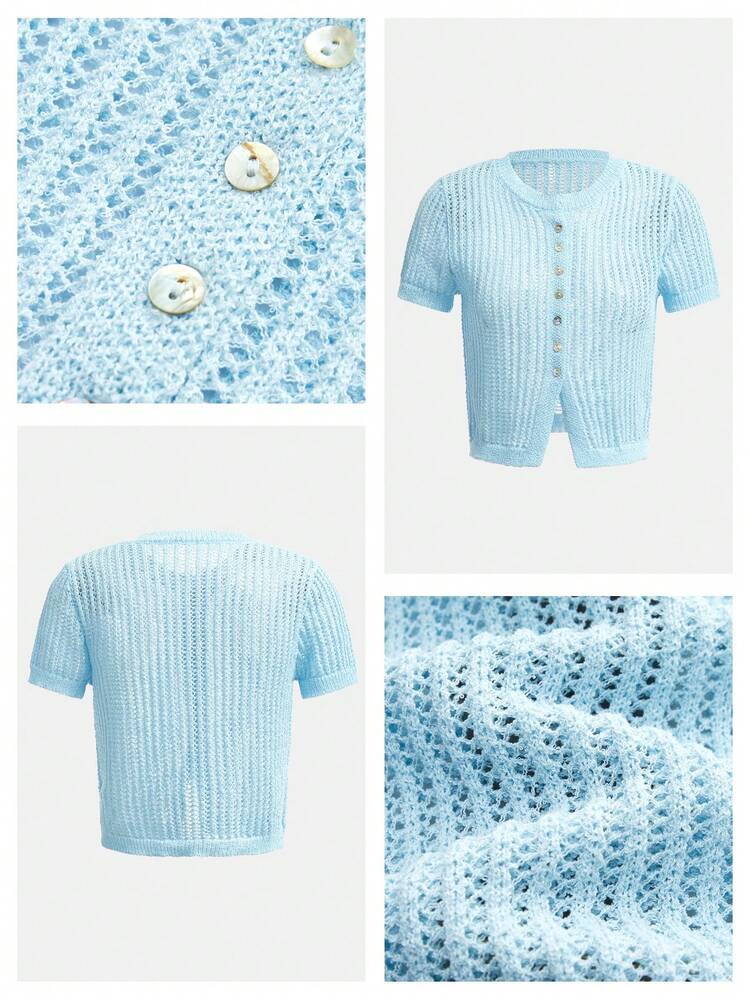SHEIN Maija Women's Solid Color Round Neck Short Sleeve Front Button Knit Breathable Hollow Out Sweater Summer Spring Button Decoration At The Front Opening Easter Party Beach Going Out Summer Holiday Casual Work Jerseys For Women Knitwear Wholesale Clothing Women's Tops For Summer Knit Tops For Women Summer Sweaters For Women