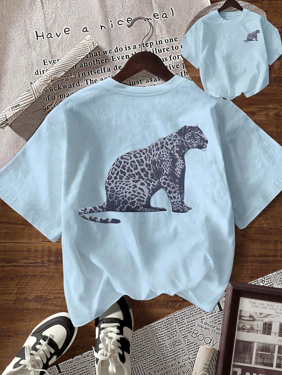 EMERY ROSE 女士圆领动物纹印花休闲百搭日常短袖T恤 - 淺藍色 - 查看 1