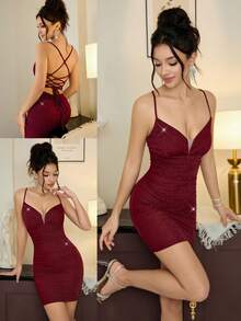 Poshira Đầm dự tiệc cocktail thanh lịch dành cho nữ, cổ yếm, lưng chéo, xếp ly, eo thon. - Đỏ - Xem 4