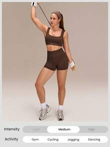 GLOWMODE Ultrafine Soft Seamless Square Neckline Removable Cups Ribbed Underbust Sports Bra & 4.3" Scrunch Butt Lifting Shorts Set Running Workout Gym - Brown - View 7