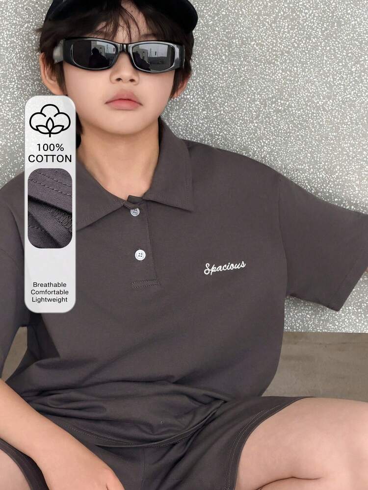 Tween Boy Letter Print Polo Collar Short Sleeve T-Shirt And Shorts Casual Outfit Summer