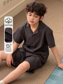 DAZY Conjunto de pijama de niño preadolescente con top de manga corta de un solo pecho y pantalones cortos de unicolor - Gris - Ver 1