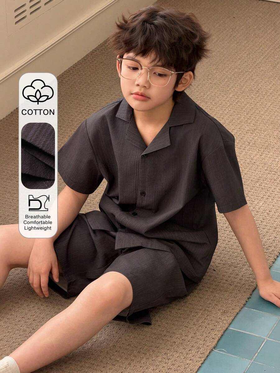 DAZY Conjunto de pijama de niño preadolescente con top de manga corta de un solo pecho y pantalones cortos de unicolor - Gris - Ver 1