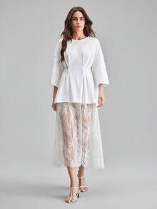 Ontre White Comfortable Moisture-Wicking Loose Fit Dropped Shoulder 3/4 Sleeve Pleated Front Tie-Waist Romantic Urban Chic Elegant Cruise Wear, Wedding Guest Attire, Business Casual Office Wear, Modest Middle Eastern Style Essential, Collegiate Back-To-School Campus, Wedding Series Design Women T-Shirt - White - View 3