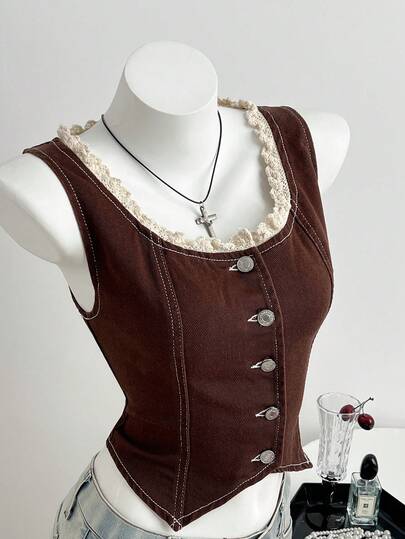 Elamini 时尚甜美蕾丝水洗牛仔吊带背心