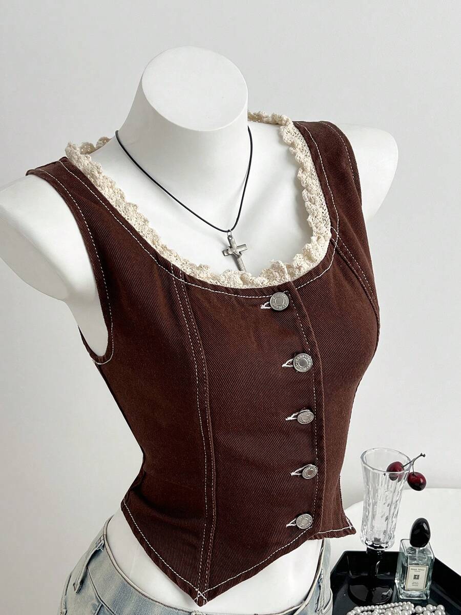Elamini Fashionable Sweet Lace Washed Denim Camisole Top - Brown - View 1