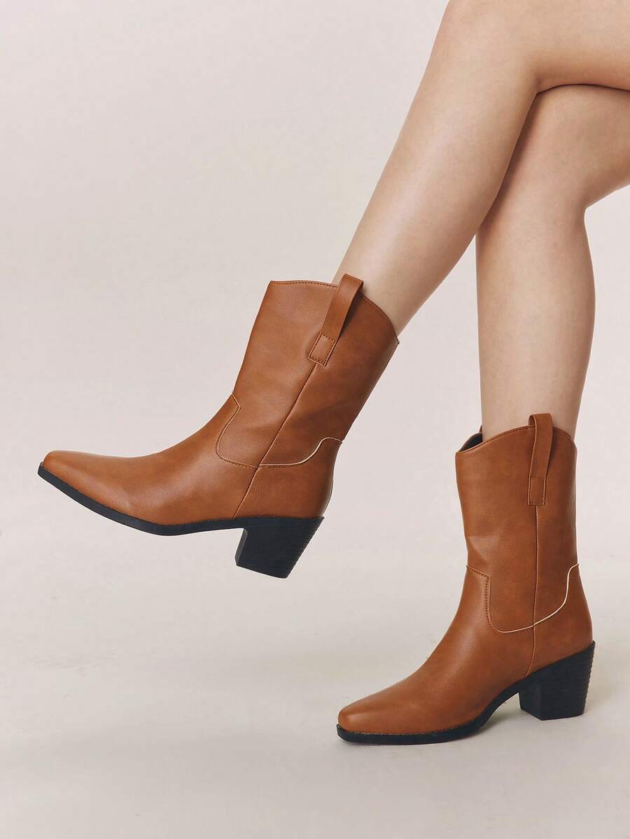 Styleloop Women's Dark Punk Gothic Boots, White Embroidered Western Leather Pointed Toe Chunky Heel V-Cut Riding Mid-Calf Boots,Coachella Festival Wear - Brown - View 1