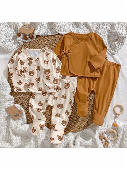 Loomiva Newborn Baby Boy/Girl 4pcs Set: Solid Color Soft Knit Crew Neck Long Sleeve Top And Elastic Waist Long Pants