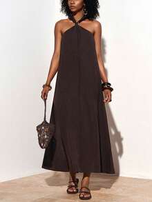 Zivah 春夏新款音乐节、复活节、圣帕特里克节、情人节、约会、西部风、游牧风、生日派对、毕业典礼、学院风、学生装、日常穿着、百搭基础款、休闲装、度假、邮轮旅行、海滩、日光浴、爆款、街头风、婚礼宾客波西米亚风、通勤、早午餐、机场、派对、假日郊游、办公室穿着无袖露背褶皱设计金属装饰亚麻棕色长裙 - 棕色 - 查看 6