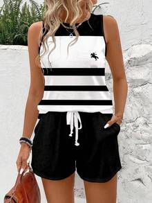 SHEIN LUNE 女士休闲圆领背心短裤两件套，适合夏季穿着 - 黑與白 - 查看 5