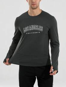 Manfinity Acti Log 男士字母印花长袖运动T恤 - 深灰色 - 查看 4