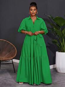 SHEIN CURVE+ 2025 新款加大码女式纯色短袖春季 A 字褶皱拼接长款连衣裙，Curve Plus 品牌，Hoho Vacation 品牌 - 綠色 - 查看 6