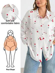 Shapeblank Áo sơ mi trắng dài tay cài cúc in hình quả anh đào, kiểu dáng thường ngày thoải mái, rộng rãi, đa năng dành cho nữ cỡ lớn, thời trang xuân/hè. - trắng - Xem 6