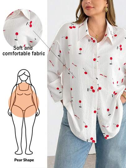 Shapeblank Camisa blanca de manga larga con botones, estampado de cerezas, de corte holgado y cómodo, de uso diario y versátil, para mujeres de talla grande, blusas de mujer, atuendos de primavera