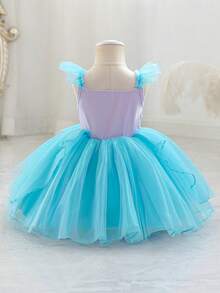 SHEIN Glamorique Kids Đầm công chúa cho bé gái, dây mảnh, tay ngắn, màu tím và xanh dương, kiểu đầm dạ hội, họa tiết vảy cá in kỹ thuật số, dễ thương, thích hợp cho tiệc sinh nhật, đám cưới, lễ hội hoặc các dịp trang trọng. - Màu xanh lam - Xem 3