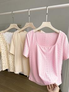 Comfortcana Bộ 3 áo thun cỡ lớn họa tiết hoa jacquard cổ vuông tay ngắn, kiểu dáng thường ngày, thích hợp cho kỳ nghỉ xuân/hè. - Nhiều màu - Xem 5
