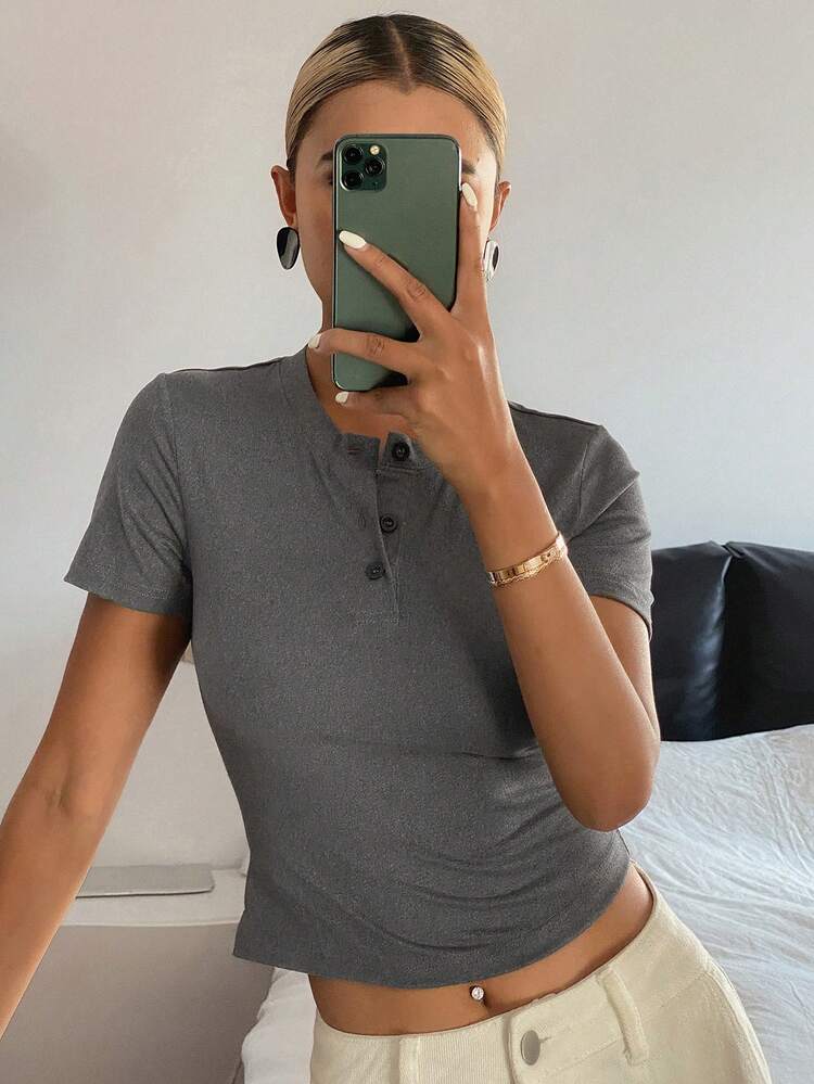 Women's Partial Button Closure Round Neck Fitted Casual Short Sleeve T-Shirt