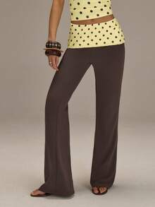Athîral Women's Polka Dot Patchwork Flare Casual Pants - Mocha Brown - View 4