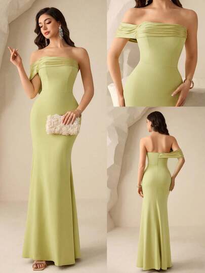 Coutiva Luxury Evening Gown, Elegant Patchwork Design, High-End Formal Dress For Banquet, Bridesmaid Off Shoulder Formal Dress Light Lime  Green Dress Lime Green Dress Light Green Dress Off Shoulder Dress  Graduation Ceremony, School Opening, Music Festival, Birthday Party, Wedding, Afternoon Tea Gathering, Ball